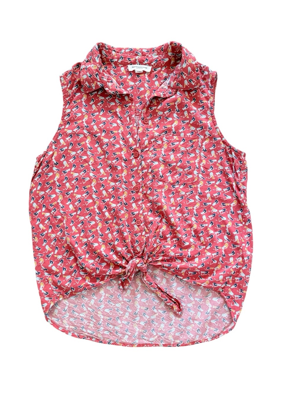 Beach Lunch Lounge Bird Print Sleeveless Button Up Blouse Top Tie-Front Small